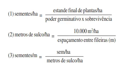 três fórmulas agronômicas essenciais, numeradas de 1 a 3, para o cálculo da densidade de semeadura em uma lavo