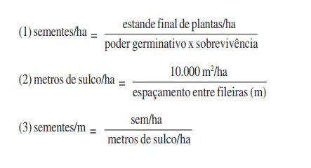 três fórmulas agronômicas essenciais, numeradas de 1 a 3, para o cálculo da densidade de semeadura em uma lavo