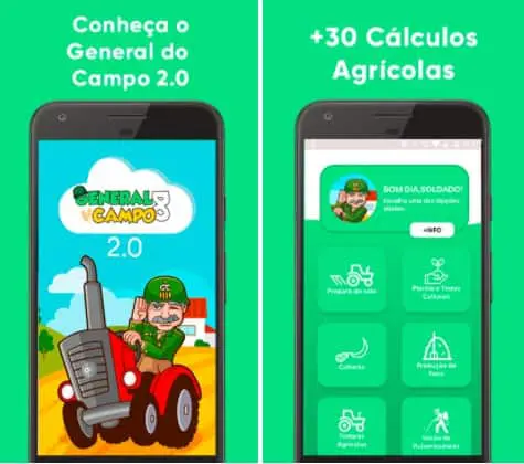 General do Campo 2.0: App com +30 Cálculos Agrícolas material promocional para o aplicativo móvel “General do Campo 2.0”. Dividida em duas seções sobre um fundo ver