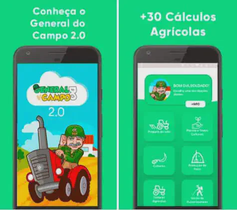 material promocional para o aplicativo móvel &amp;quot;General do Campo 2.0&amp;quot;. Dividida em duas seções sobre um fundo ver
