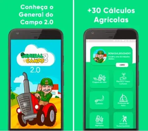 material promocional para o aplicativo móvel &amp;quot;General do Campo 2.0&amp;quot;. Dividida em duas seções sobre um fundo ver
