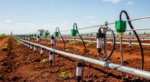 Sistema de gotejamento inteligente com sensores de umidade controlando irrigação automatizada por linha