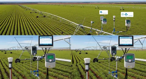 Pivôs centrais com controladores inteligentes monitorando dados de solo e clima em tempo real