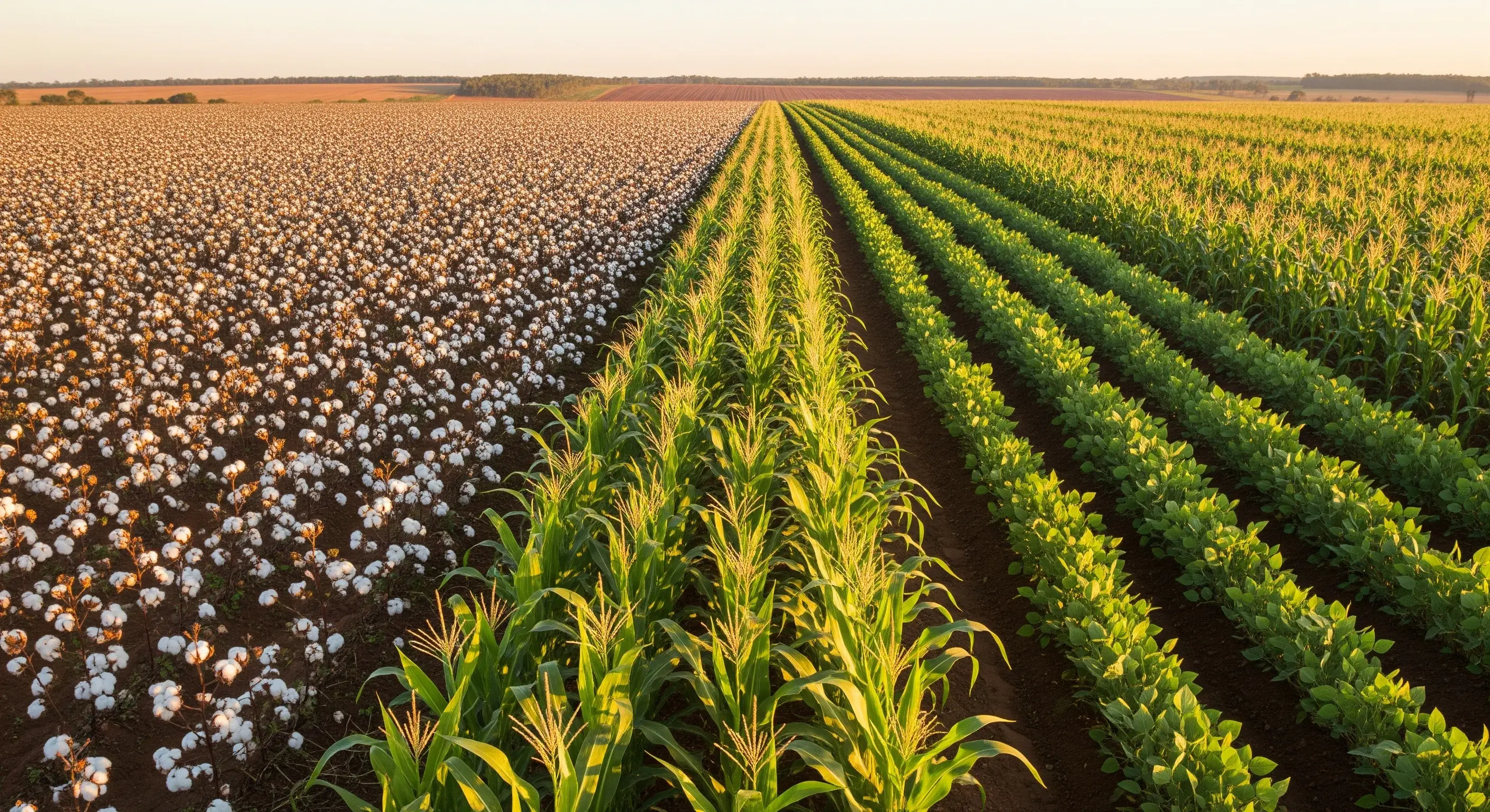 Culturas de algodão, milho e soja em campo diversificado ao amanhecer