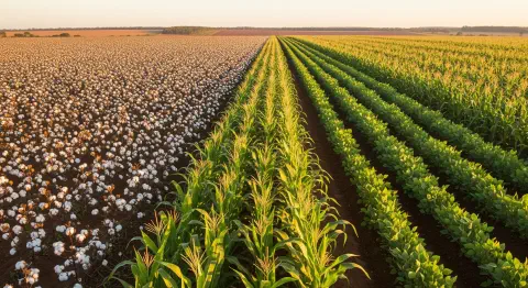 Culturas de algodão, milho e soja em campo diversificado ao amanhecer