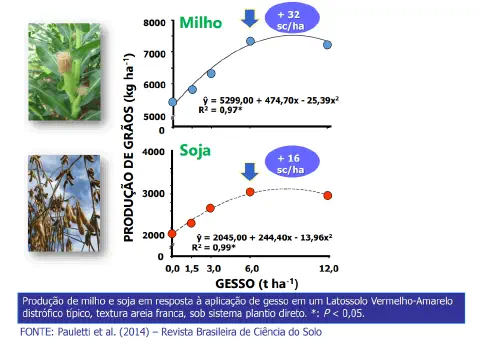 A imagem apresenta dois gráficos que ilustram os resultados de um estudo científico sobre o impacto da aplicação de gesso (ge