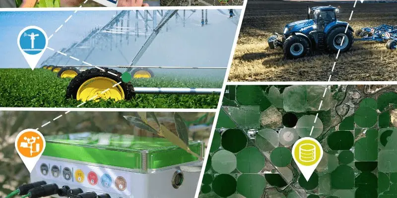 Esta imagem é uma montagem que ilustra a integração da tecnologia na agricultura moderna, conhecida como Agricultura 4.0. Ela