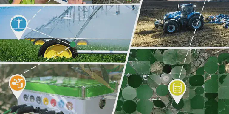 Esta imagem é uma montagem que ilustra a integração da tecnologia na agricultura moderna, conhecida como Agricultura 4.0. Ela