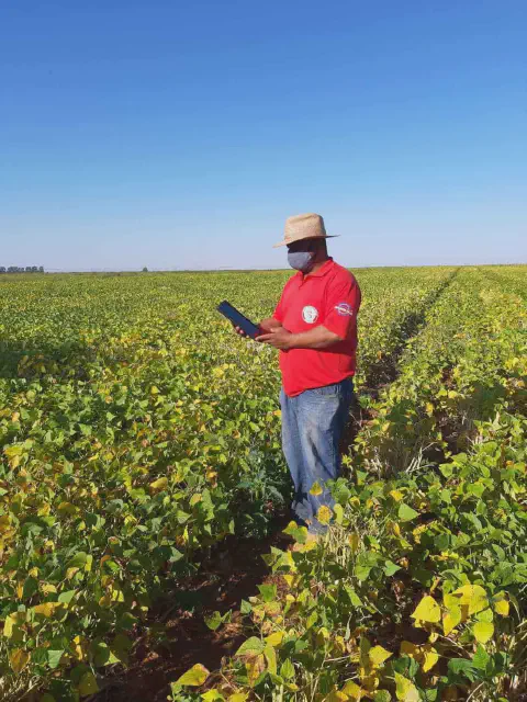 profissional do agronegócio, possivelmente um agrônomo ou produtor rural, em meio a uma extensa lavoura d