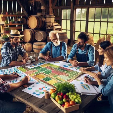 Agricultores de diferentes gerações analisando dados de safra em tablets no celeiro