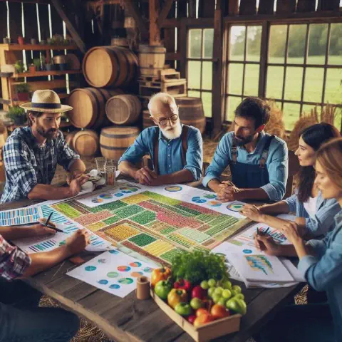 Agricultores de diferentes gerações analisando dados de safra em tablets no celeiro