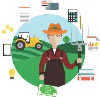 ilustração em estilo 'flat design' que retrata o conceito de gestão agrícola moderna. No centro, um agricultor