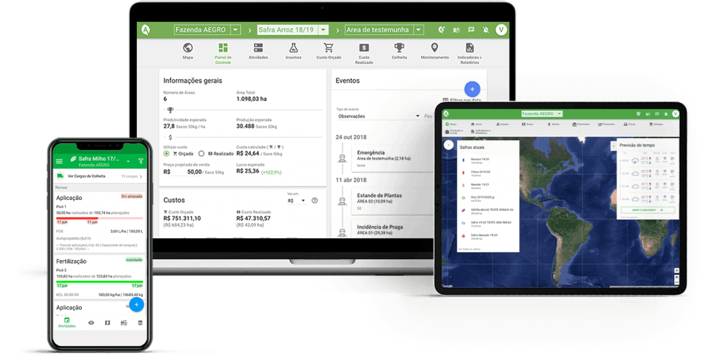 Gestão da Fazenda no PC, Tablet e Celular com Aegro a interface do software de gestão agrícola Aegro em três dispositivos diferentes: um laptop, um tablet e um sm