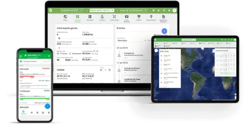a interface do software de gestão agrícola Aegro em três dispositivos diferentes: um laptop, um tablet e um sm