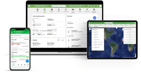 a interface do software de gestão agrícola Aegro em três dispositivos diferentes: um laptop, um tablet e um sm