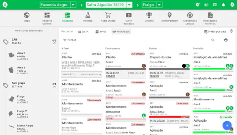 a tela de 'Atividades' do software de gestão agrícola Aegro, na visualização de 'Progresso'. A interface, orga
