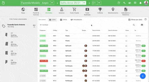 GIF que demonstra a interface do software de gestão agrícola Aegro, especificamente na seção de ‘Atividades’. A
