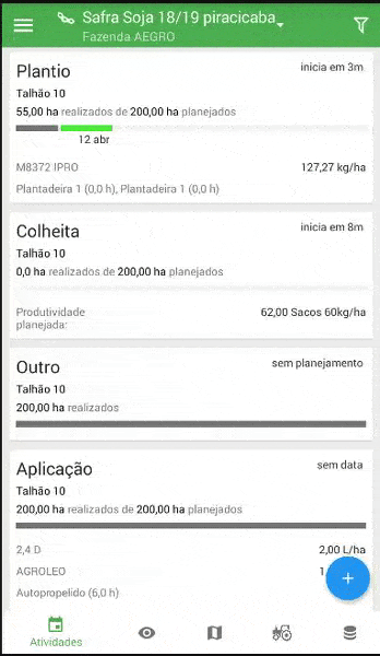 a tela de ‘Atividades’ do aplicativo móvel da Aegro, um software de gestão rural. A interface apresenta um pai