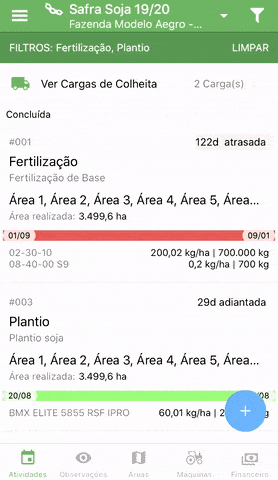 GIF que exibe a tela de ‘Atividades’ do aplicativo móvel da Aegro. A interface mostra o acompanhamento de opera