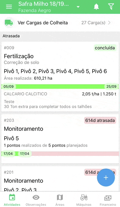 Gestão de Atividades Agrícolas no App Aegro GIF exibe a tela de ‘Atividades’ do aplicativo móvel da Aegro, demonstrando o gerenciamento de operações em uma ‘Safra Milh