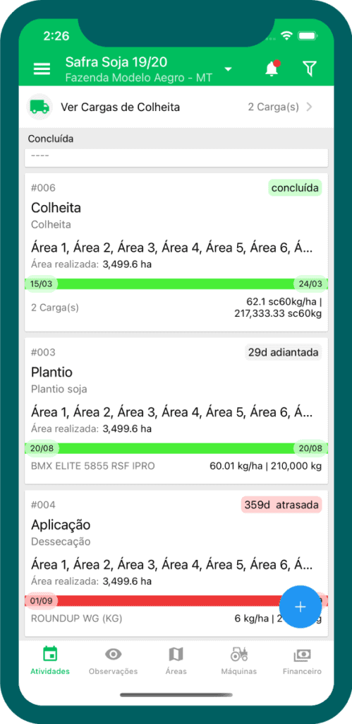 a tela de ‘Atividades’ do aplicativo móvel da Aegro, um software de gestão rural. A interface mostra o acompan