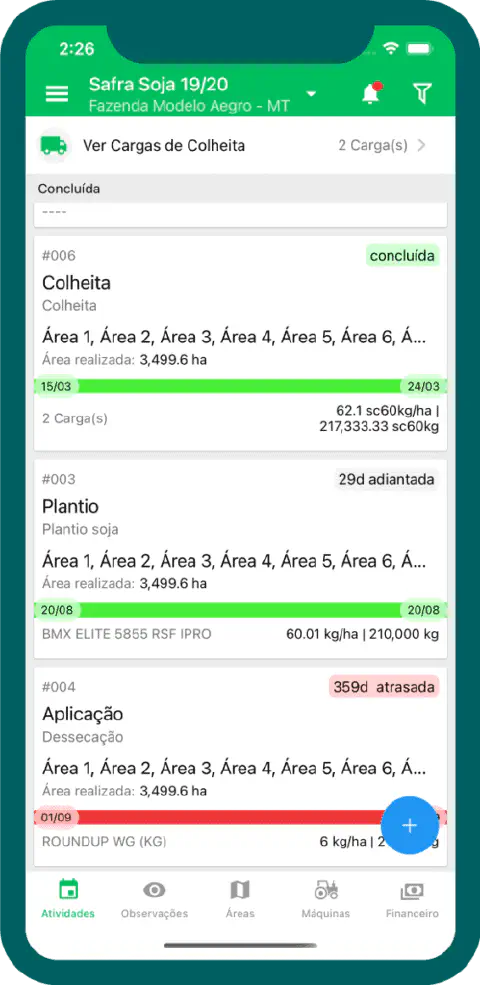 a tela de 'Atividades' do aplicativo móvel da Aegro, um software de gestão rural. A interface mostra o acompan