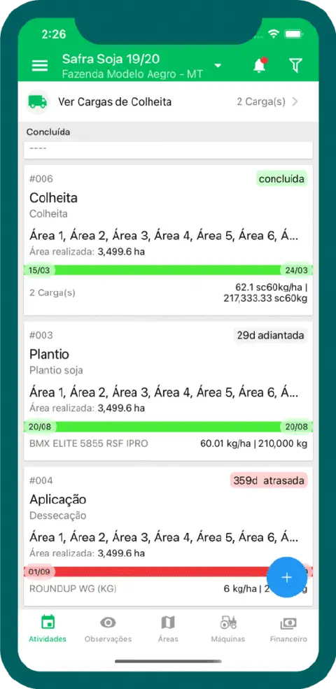 a tela de 'Atividades' do aplicativo móvel da Aegro, um software de gestão rural. A interface mostra o acompan