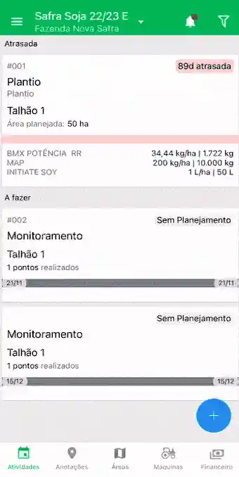 Gestão de Atividades Agrícolas no App Aegro GIF que exibe a tela 'Atividades' do aplicativo móvel Aegro. A interface mostra o gerenciamento de tarefas para