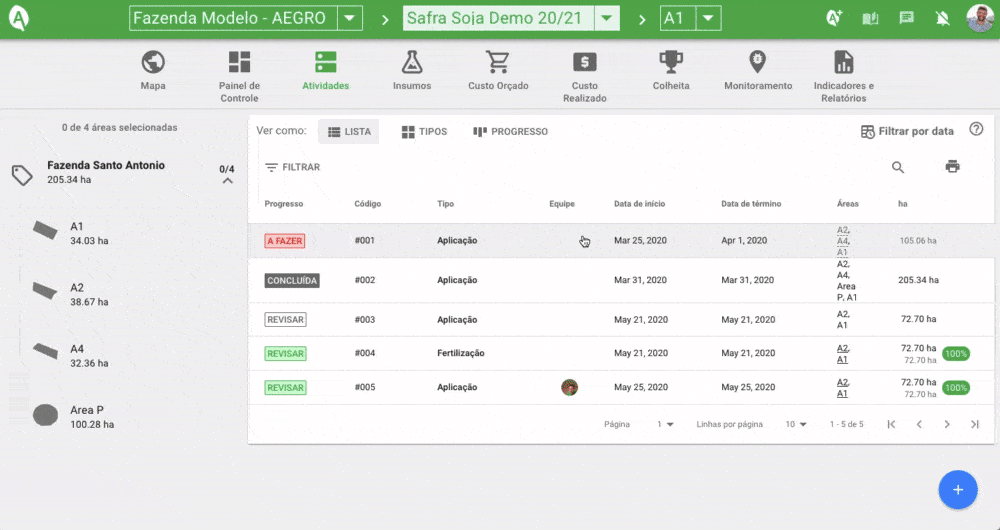 Gestão de Atividades Agrícolas no Software Aegro Tela de gestão de atividades agrícolas no software Aegro