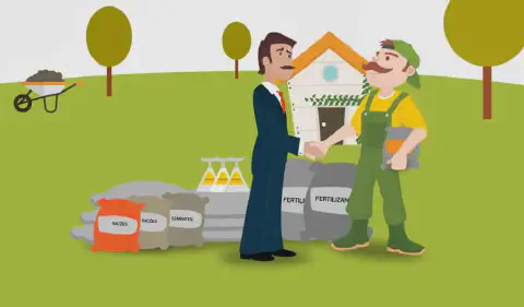 ilustração estilizada que retrata uma parceria de sucesso no ambiente rural. Em primeiro plano, um agricultor,