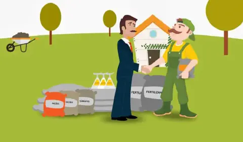 ilustração estilizada que retrata uma parceria de sucesso no ambiente rural. Em primeiro plano, um agricultor,