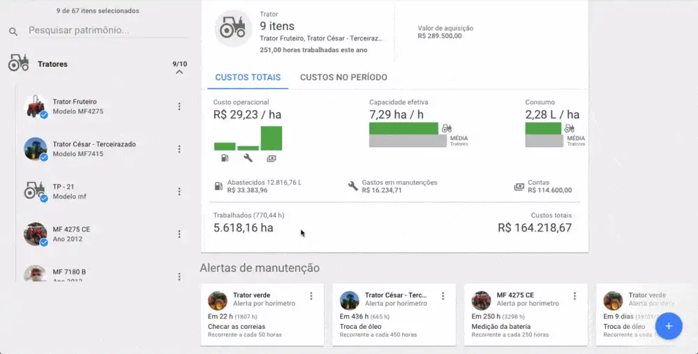GIF que demonstra a interface de um software de gestão agrícola, especificamente a seção de gerenciamento de pa