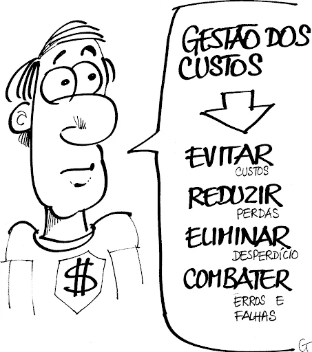 charge em preto e branco que ilustra o conceito de gestão de custos. À esquerda, um personagem de desenho anim