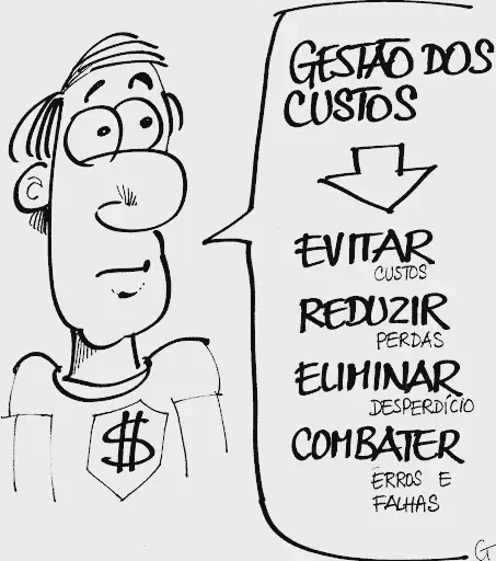 charge em preto e branco que ilustra o conceito de gestão de custos. À esquerda, um personagem de desenho anim
