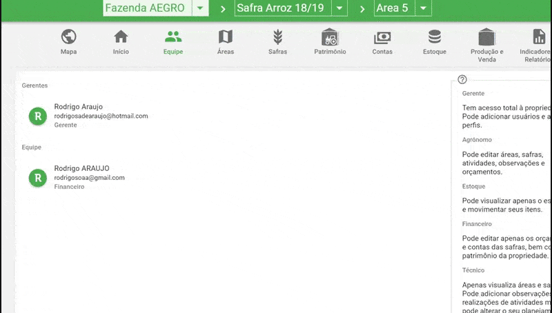 Este GIF animado exibe a tela de ‘Equipe’ do software de gestão agrícola Aegro, demonstrando como gerenciar usuários e seus n