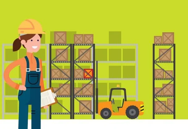 A ilustração retrata uma profissional, possivelmente uma gerente de estoque ou agrônoma, em um armazém agrícola. Vestida com