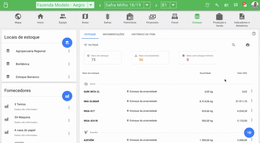 a tela de ‘Estoque’ do software de gestão agrícola Aegro, em um GIF que demonstra a rolagem pela lista de iten