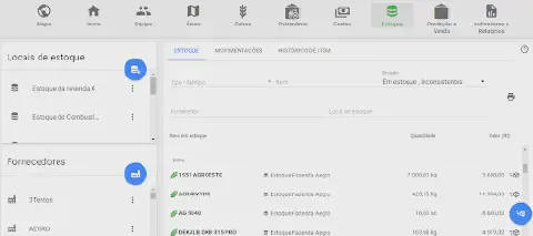 a tela de 'Estoque' do software de gestão agrícola Aegro. A interface é organizada e apresenta um menu superio