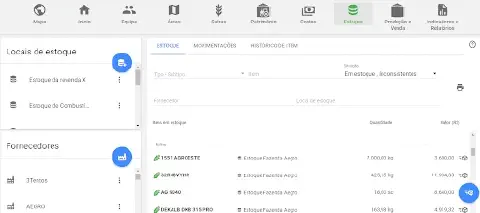 a tela de 'Estoque' do software de gestão agrícola Aegro. A interface é organizada e apresenta um menu superio