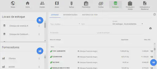 Gestão de Estoque Agrícola no Software Aegro | Controle a tela de 'Estoque' do software de gestão agrícola Aegro. A interface é organizada e apresenta um menu superio