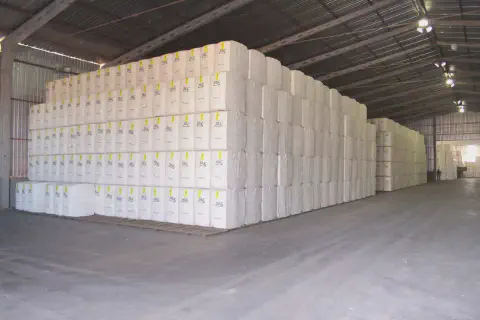 o interior de um amplo galpão de armazenamento agrícola, repleto de gigantescas pilhas de fardos de algodão.