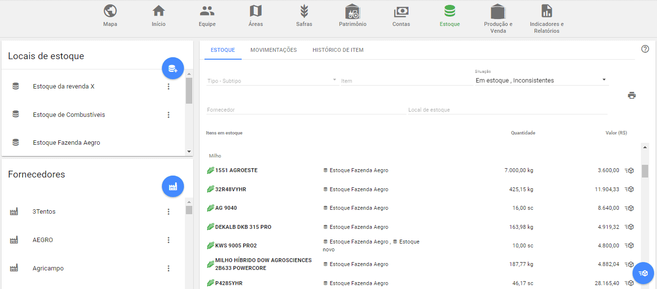 Gestão de Estoque Rural com o Software Aegro a tela de ‘Estoque’ do software de gestão agrícola Aegro. A interface é organizada e apresenta um menu superio