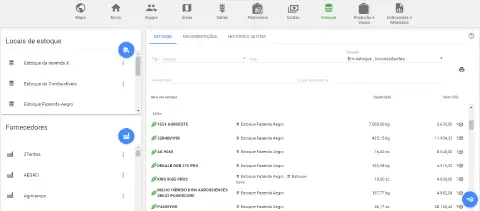 a tela de 'Estoque' do software de gestão agrícola Aegro. A interface é organizada e apresenta um menu superio