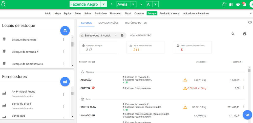 Gestão de Estoque Rural com o Software Agrícola Aegro a tela de ‘Estoque’ do software de gestão agrícola Aegro, oferecendo uma visão completa e detalhada do inventá