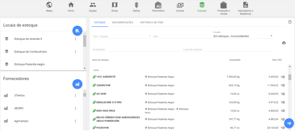 Gestão de Estoque Rural: Controle de Insumos com Aegro a tela de ‘Estoque’ do software de gestão agrícola Aegro. A interface é organizada com um menu superior de nav