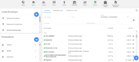 a tela de 'Estoque' do software de gestão agrícola Aegro. A interface é organizada com um menu superior de nav