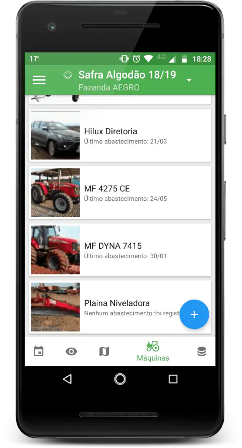 tela de um smartphone rodando o aplicativo da Aegro, especificamente na seção 'Máquinas'. A interface mostra
