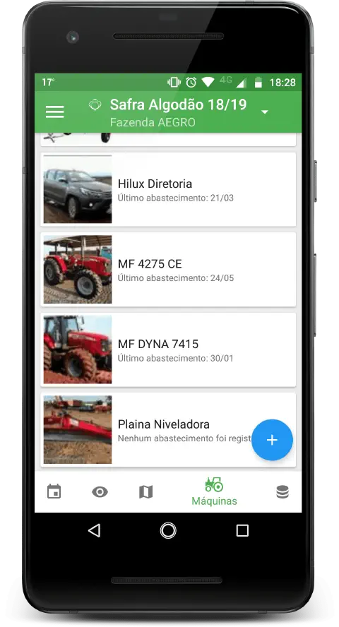 tela de um smartphone rodando o aplicativo da Aegro, especificamente na seção 'Máquinas'. A interface mostra