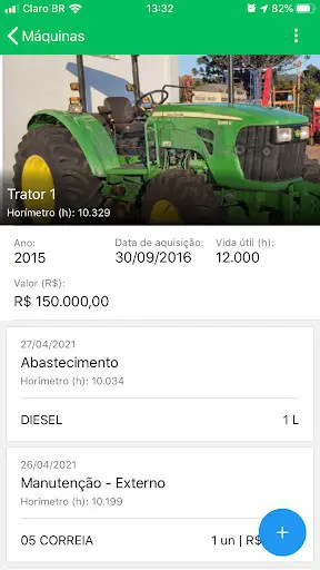Tela do aplicativo de gestão rural Aegro mostrando detalhes de uma máquina agrícola, incluindo abastecimentos e manutenções.