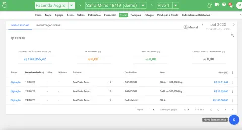 Interface do software agrícola Aegro mostrando tela de gestão de notas fiscais com tabela de NFP-e incluindo status, datas de emissão, emitentes, destinatários e valores